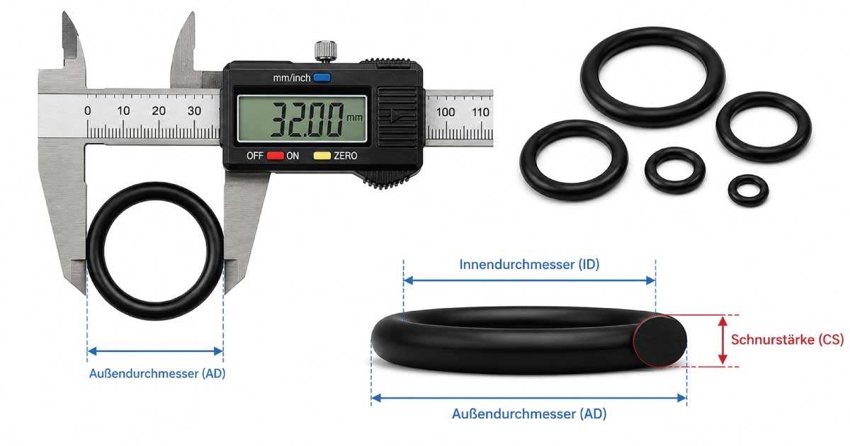 O-Ring messen mit Messschieber zur Bestimmung von Innendurchmesser, Außendurchmesser und Schnurstärke