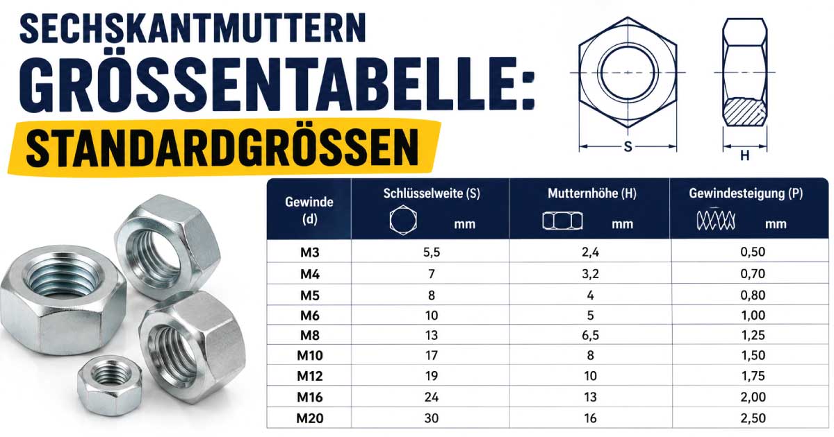 Sechskantmuttern Größentabelle mit Standardmaßen, Gewindegrößen, Schlüsselweiten und Abmessungen nach DIN-Normen