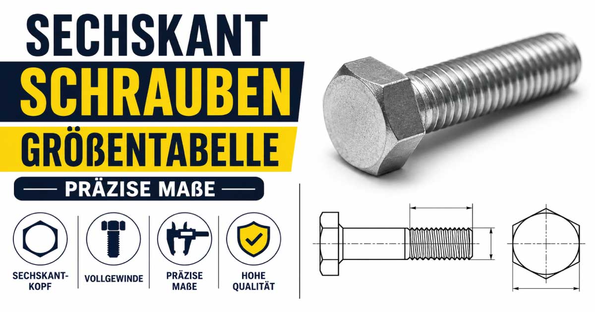 Sechskantschrauben Größentabelle mit Standardgrößen, Gewindeabmessungen, Schlüsselweiten und DIN-Maßen für technische Anwendungen
